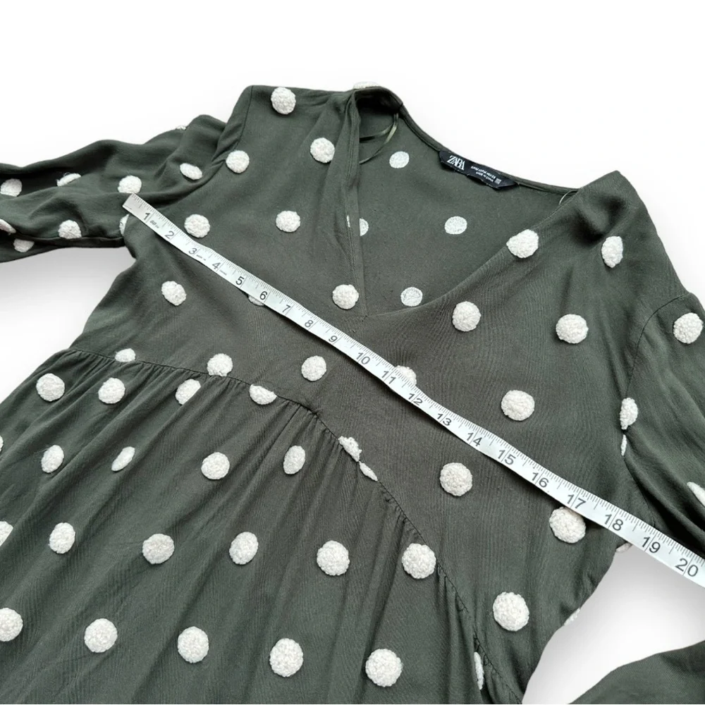 Zara Khaki Green Embroidered Polka Dot Long Sleeve Baby-Doll Dress | Medium - Picture 12 of 14